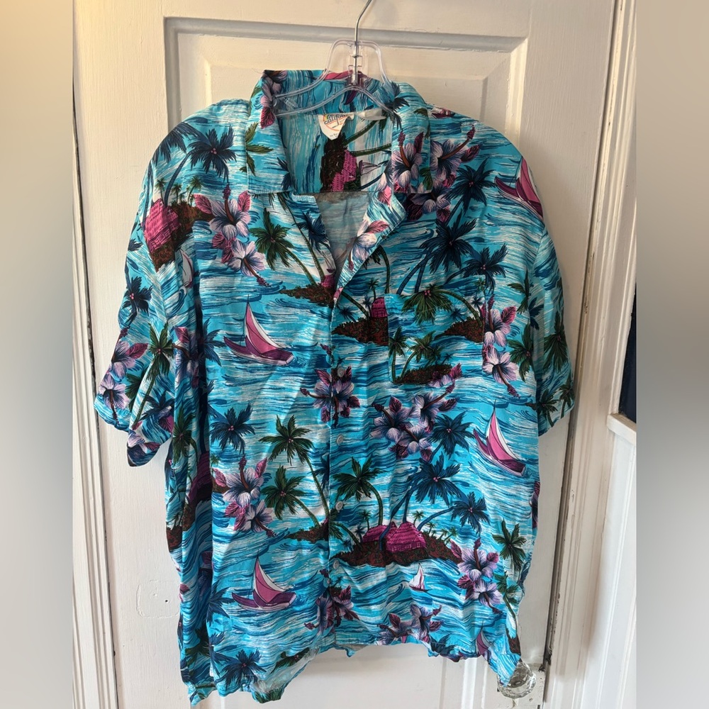 Vintage 80s California Rainbow Blue Hawaiian Shirt Vacation Party - Picture 2 of 5